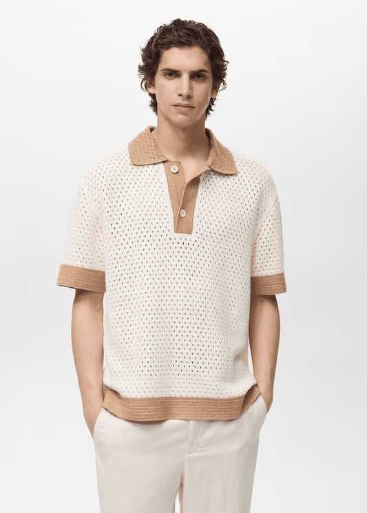 Openwork knitted polo shirt with contrasting details